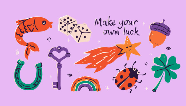 Vector decorating design elements of Lucky Charms, bring wealth and prosperity, Good Luck. Collection of flat elements on isolated background.