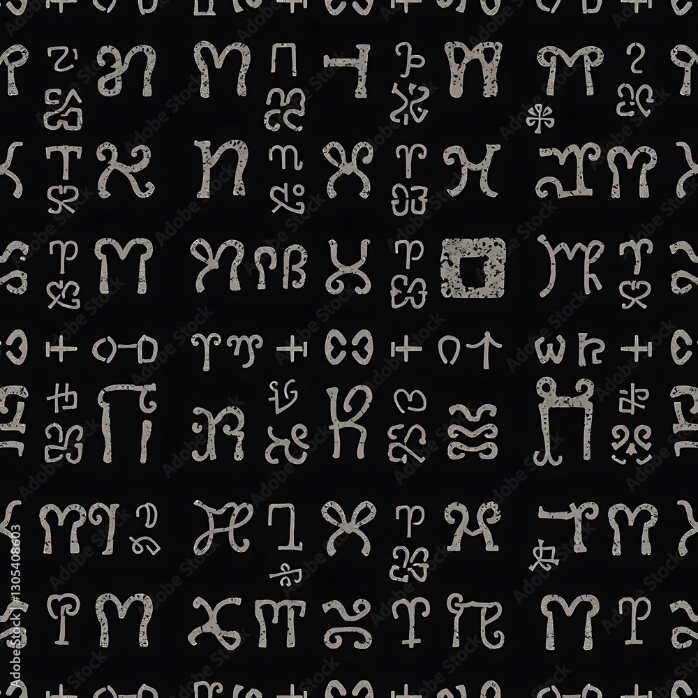 Poster ancient script: a dense pattern of stylized, cryptic symbols hinting at a forgotten language, inscri