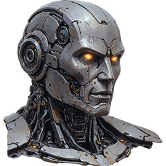 Fototapeta premium Futuristic robot with glowing eyes and angular jawline on white background exuding a cool and steely demeanor