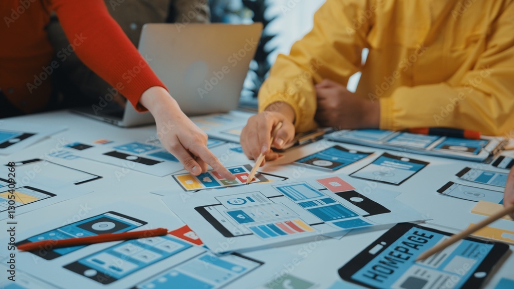 Poster close-up of a collaborative workspace featuring hands selecting user interface mockups from a table.