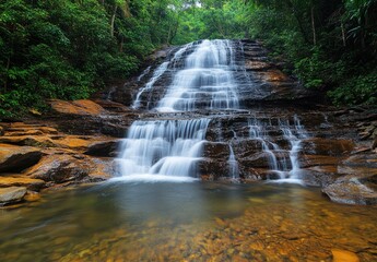 Fototapeta premium Serene Waterfall Cascading Down Rocky Terrain Surrounded by Lush Green Forest in a Tranquil Natural Landscape with Clear Blue Water Pool