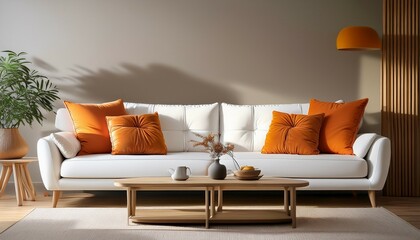 a living room with a white couch and two orange pillows a coffee table is in the middle of the room