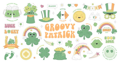 St. Patrick's Day stickers. Clover, leprechaun hat, Irish beer, horseshoe, gold coin, rainbow, sack of gold. Sticker pack of characters and elements in groovy retro style.