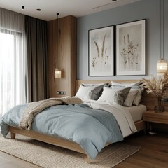 A modern bedroom with bed wooden furniture and two framed pictures