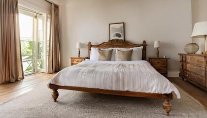 elegant antique wooden bed with white fabric headboard in bedroom