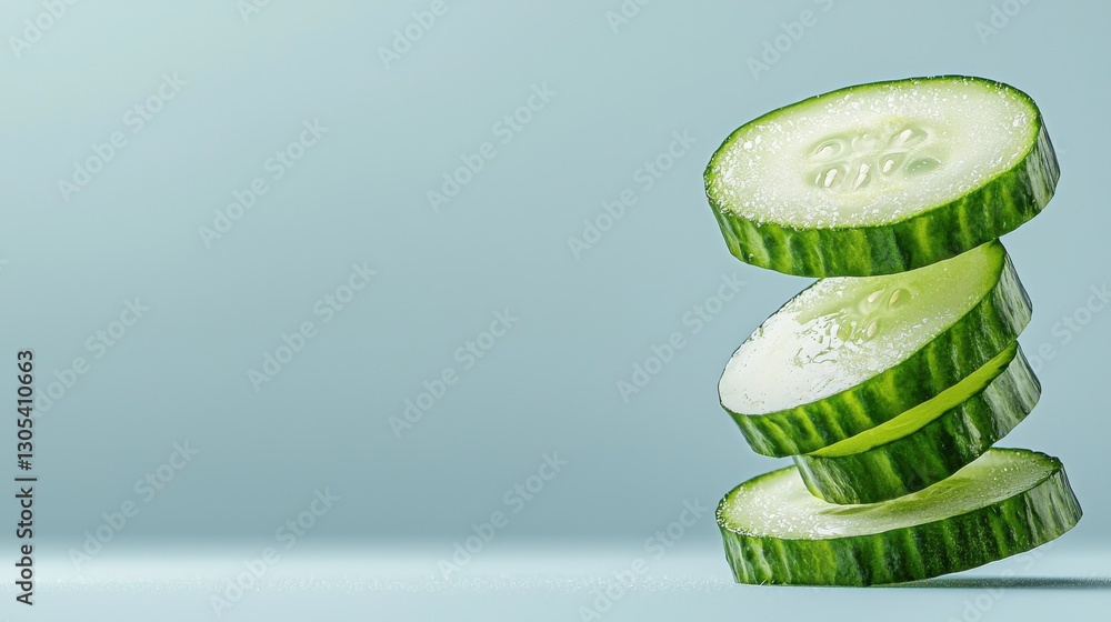 Poster fresh sliced cucumber stack on blue background for healthy eating and refreshment concepts