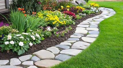 Fototapeta premium Stone lined garden border surrounding lush flowerbeds and green lawn
