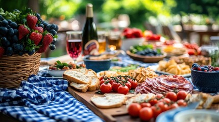 Memorial Day Picnic Food Still Life. Table of Delicious Food. Outdoor Party with Fruits, Cheese, Bread, Tomato, and Wine. Plaid Tablecloth. Feast for Many.