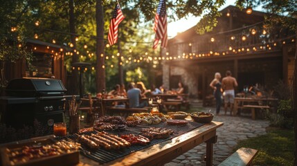 Memorial Day Outdoor barbecue party. Food grilling. People enjoy gathering at picnic tables. Lights shine. Flags decorate the background. Summer gathering.