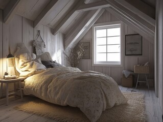 A cozy bedroom with wood paneling and soft natural lighting
