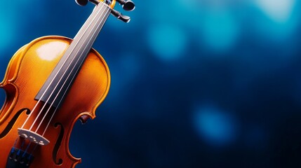 Close-up of a beautifully crafted violin against a soft blue bokeh background, highlighting its elegance