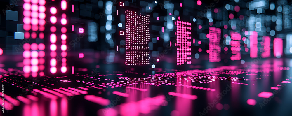 Poster abstract digital data stream glowing pink and blue code flows across a dark tech surface. metaphor f