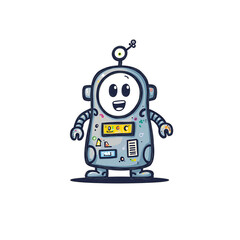 A cute and colorful cartoon robot character with a round head lively expression and vibrant accents on a white background