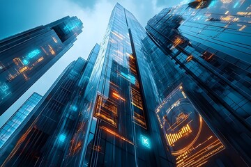 Soaring Skyscrapers and Dazzling Cityscape in the Bustling Financial District at Night