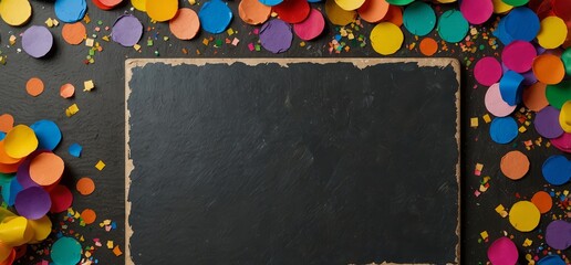 Top-down view of a rustic slate board placed on a textured background with multi-colored confetti, perfect for customizable messages