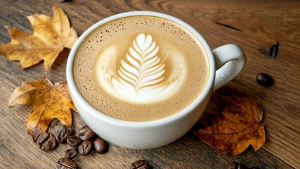 Warm latte art displayed in a cozy setting with autumn leaves and coffee beans surrounding the cup
