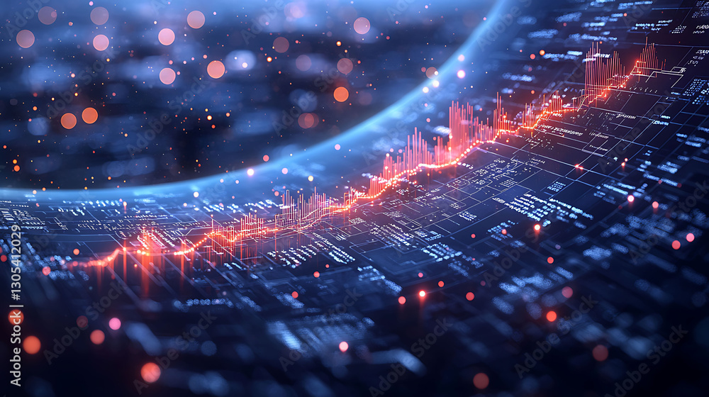 Poster stunning abstract visualization of data flow and growth. dynamic graph overlays a circuit boardlike 