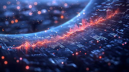 Stunning abstract visualization of data flow and growth.  Dynamic graph overlays a circuit boardlike texture, creating a futuristic, technological aesthetic.