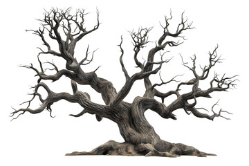 Obraz premium Dark Silhouette of a Twisted Bare Tree with Gnarled Branches Isolated on Transparent Background