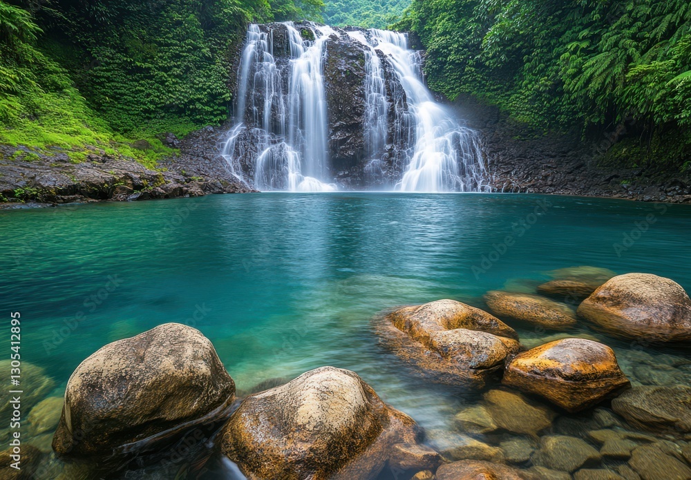 Poster serene waterfall cascading into crystal clear pool surrounded by lush greenery and smooth rocks in t