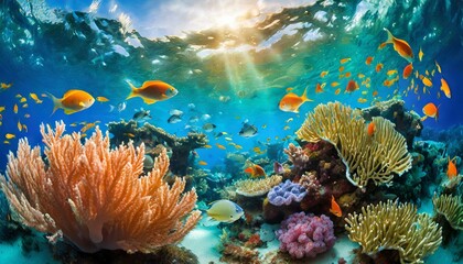 Obraz premium A vibrant underwater coral reef teeming with colorful fish, illuminated by sunlight filtering through the crystal-clear ocean water.