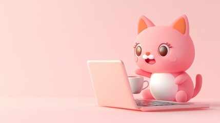 Fototapeta premium Pink cartoon cat working on laptop with coffee