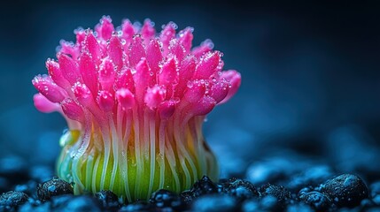 Close-up pink flower bud on dark pebbles