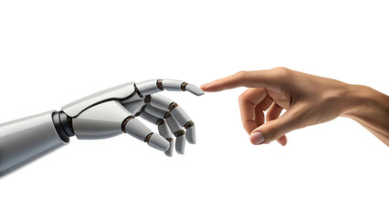 Human and robotic hands reach out fingers touching symbolizing AI connection technology future