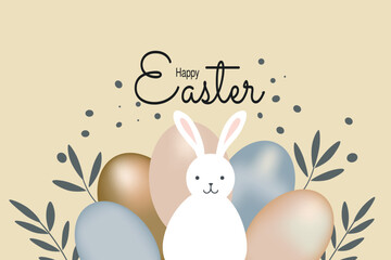 Banners with Easter greetings. The design is done in muted tones. Modern minimalist style with hand-drawn leaves, eggs and plants. Vector illustration
