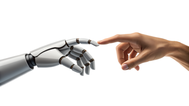 Human and robotic hands reach out fingers touching symbolizing AI connection technology future