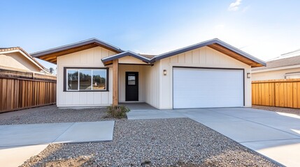 Modern single-family home with a clean exterior, driveway, and landscaped yard under a clear sky