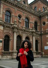 Naklejka premium Woman in Red Scarf, Old Building