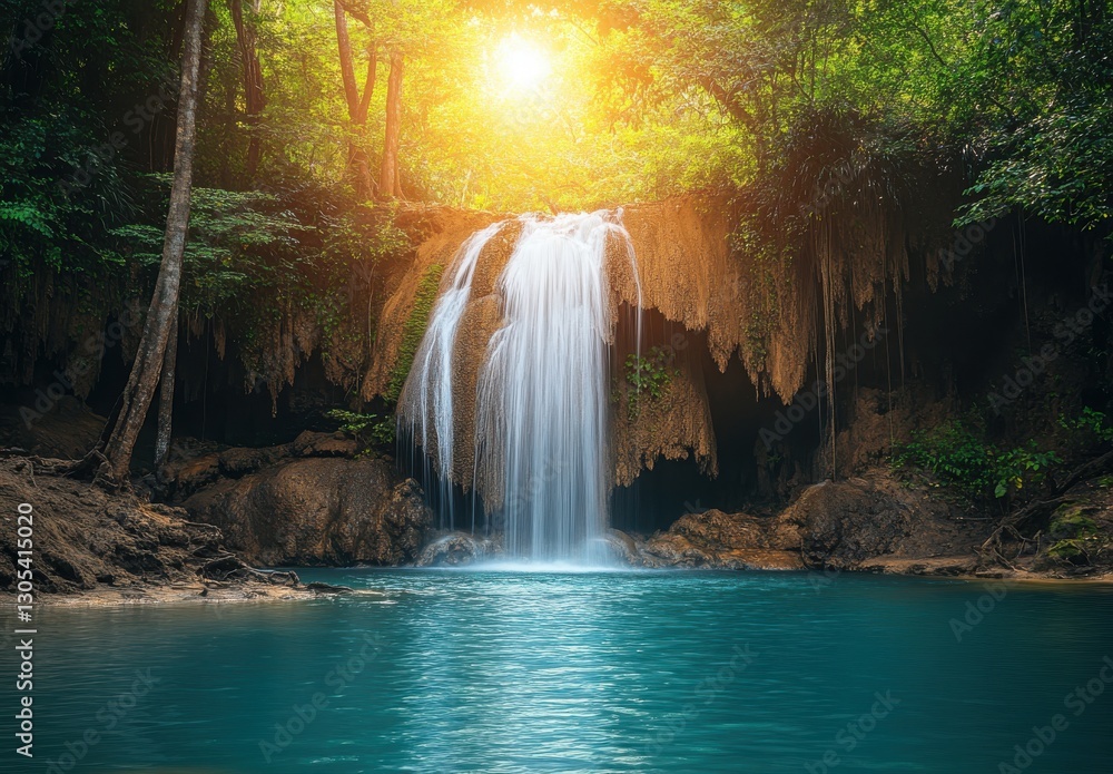 Poster serene waterfall cascading into tranquil pool surrounded by lush green forest with bright sunlight f