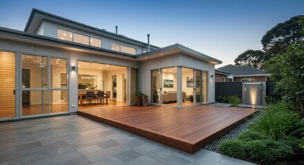 Modern House Backyard Deck Twilight
