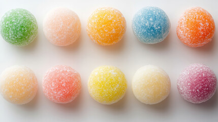 Fototapeta premium Colorful round jube candies aligned in parallel rows, presenting sweet multicolored arrangement against pristine white surface
