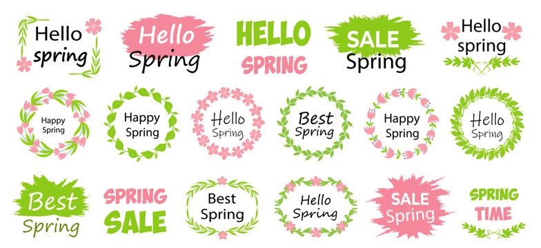 Colorful spring-themed designs with greetings and sale announcements in various styles and shapes. Vector illustration