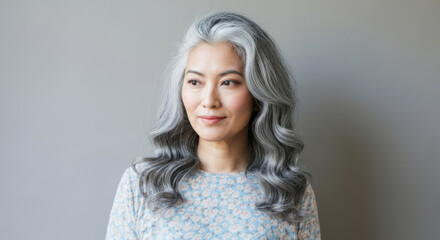 Fototapeta premium Portrait of mature asian female with gray hair and floral blouse against gray background