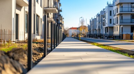 Modern residential area with new sidewalks, buildings, and clear blue sky in the background