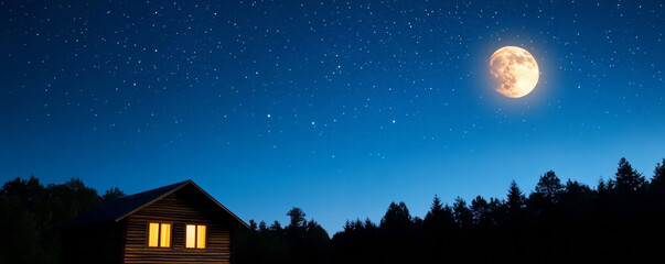 Glowing moonlight illuminating wooden cabin windows against dark starry backdrop, radiating warmth and tranquil wilderness ambiance