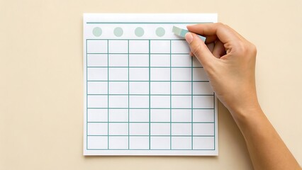 work-life balance energy motivation concept, Hand placing a gray sticker on a blank weekly planner sheet for organization.