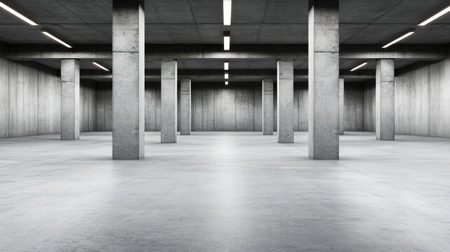 Spacious, empty industrial warehouse with concrete pillars and modern lighting, ideal for events