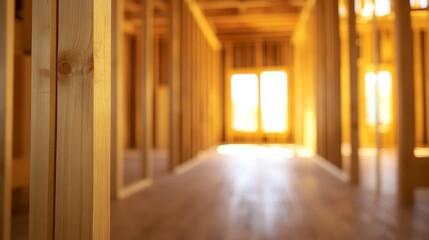 Interior view of a wooden frame construction site with sunlight streaming through windows