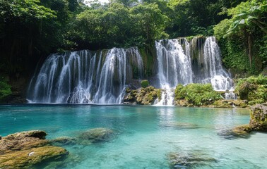 Fototapeta premium Serene Waterfall Cascading into Tranquil Pool Surrounded by Lush Greenery and Tropical Foliage Under Bright Blue Sky in Idyllic Nature Scene
