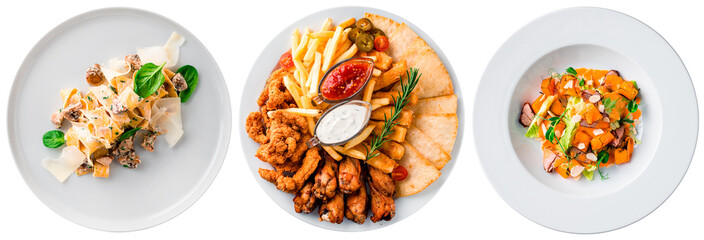 set of isolated dishes pasta with mushrooms, beer plate and pumpkin salad