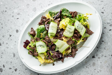 A vibrant salad featuring fresh greens, tender pieces of beef, and slices of cucumber, served on an elegant white plate against a textured gray background.