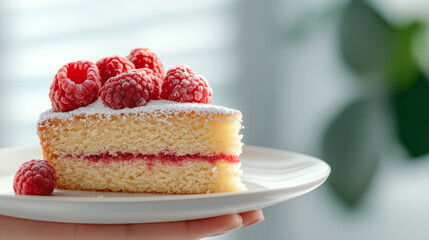 Hand holding a slice of vegan sponge cake topped with fresh raspberries and powdered sugar, ready to be enjoyed