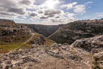 Parco della Murgia Materana facing the city of Matera during an autumnal day, Matera, Basilicata,...