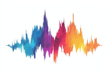 Colorful sound wave graphic representing audio frequencies and music visualization. This vibrant design showcases blend of blue, purple, pink, and orange hues, creating energetic and dynamic