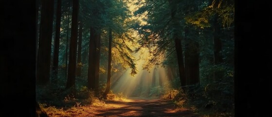 Fototapeta premium Sunlight streams through towering trees in a dense, lush forest, creating a path of ethereal beauty and mystery.