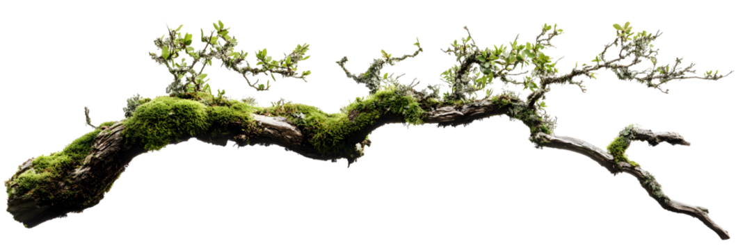 Moss-covered tree branch cut out, isolated on white or trasparent background